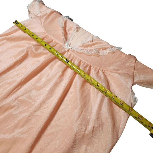 Vintage 70s Pink Peach Lace Trim Nightgown Satin Sheen‎ Ruffle Short Sleeve XL - Picture 8 of 11